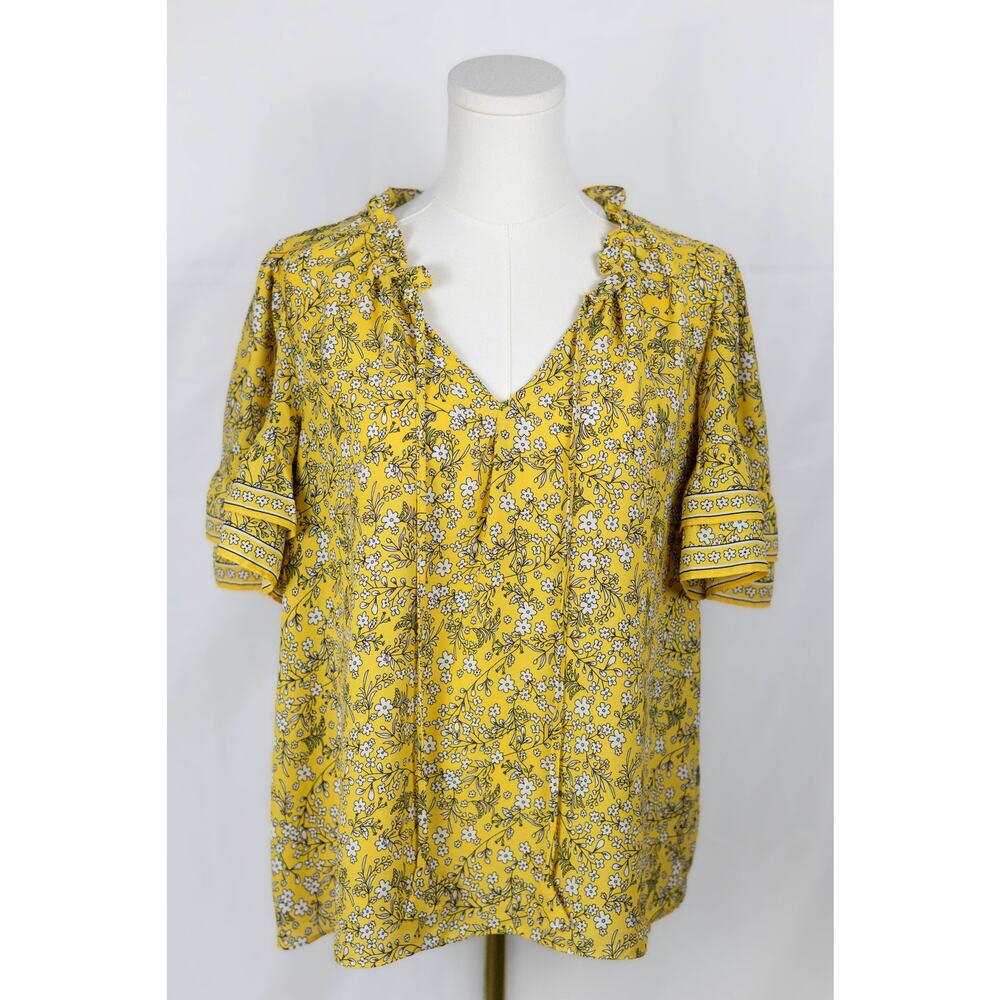Max Studio Size L Blouse Ruffled Tiered Sleeves Floral Yellow Black